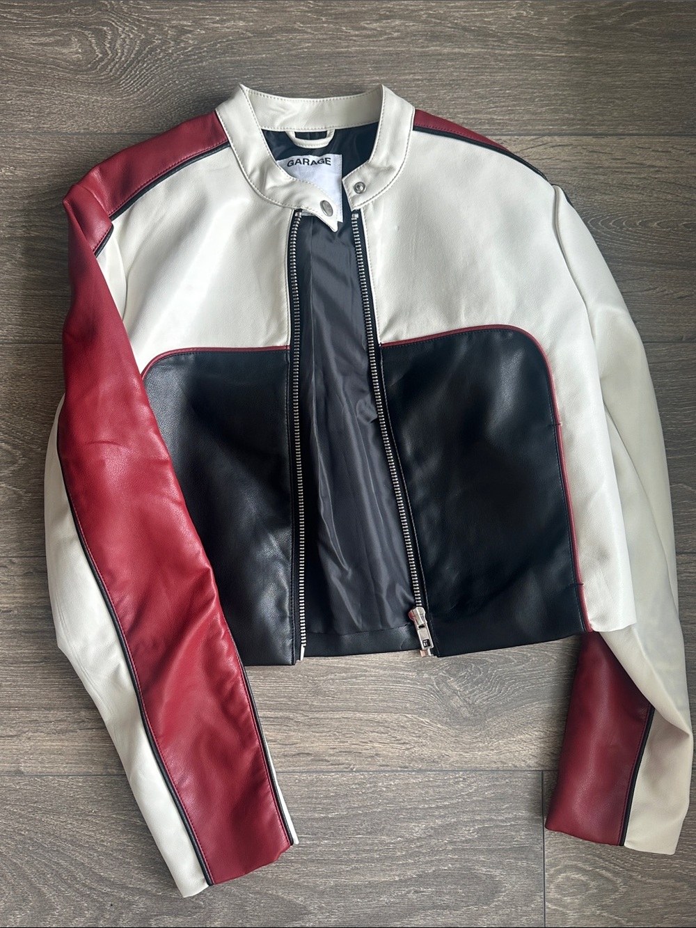 Garage White, Black & Burgundy Cropped Moto Jacket